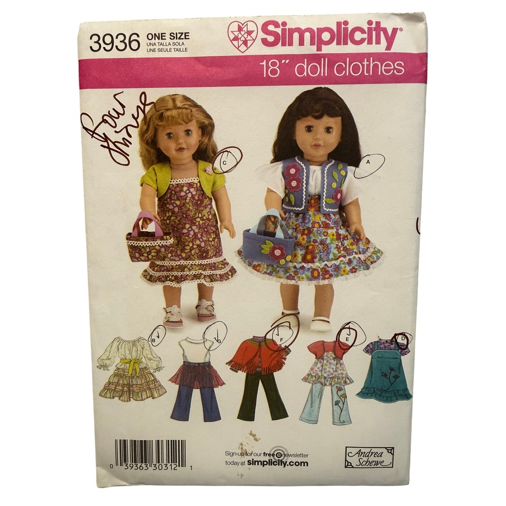 Simplicity Sewing Pattern 3936 18" Doll Clothes New Uncut Wardrobe Andrea Schewe